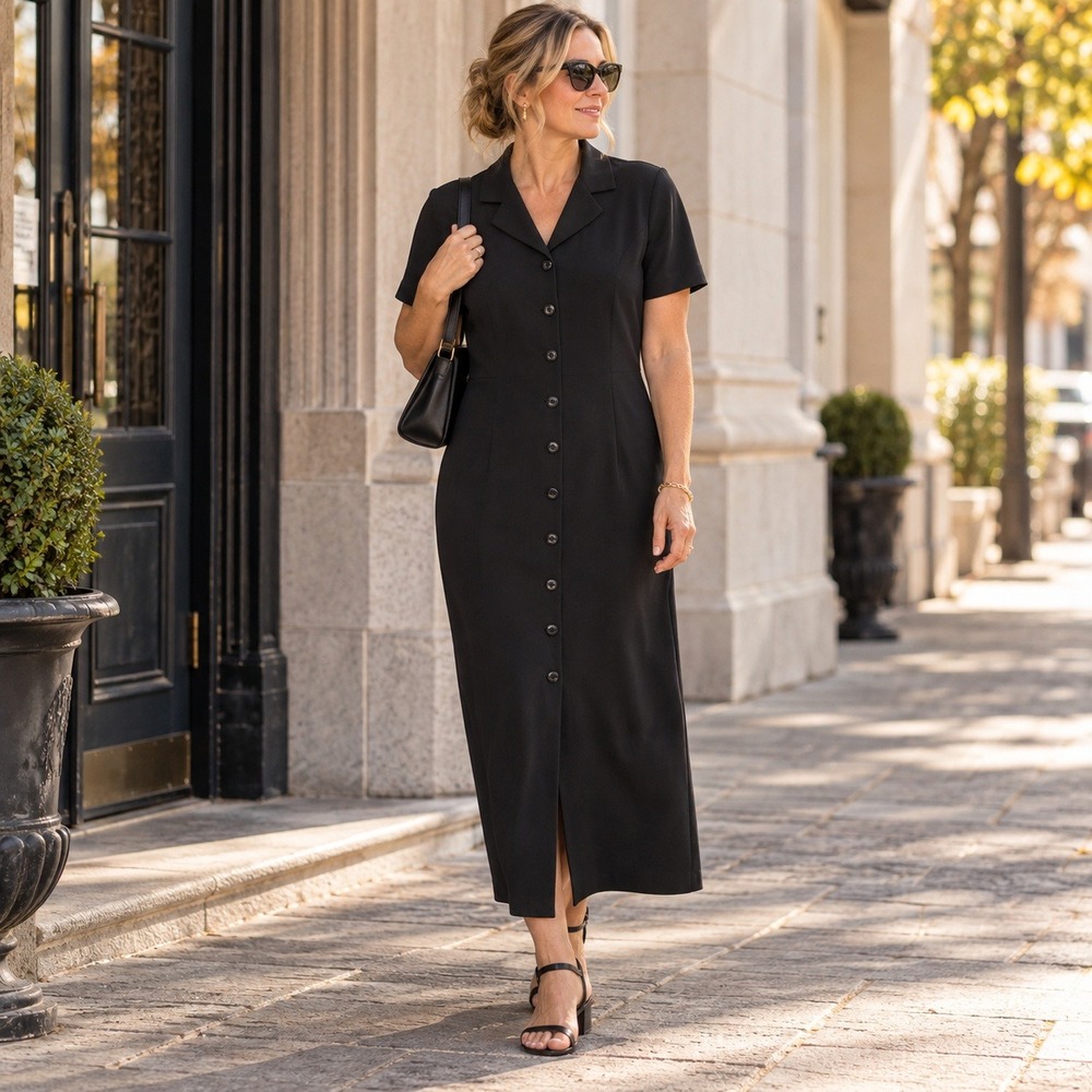 Talbots Vintage 90s Maxi Dress Button Front Black Minimalist Women's Large